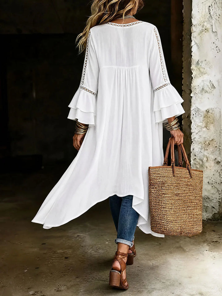Blusa Color Sólido Manga Larga Con Volantes Calados Y Cuello Redondo