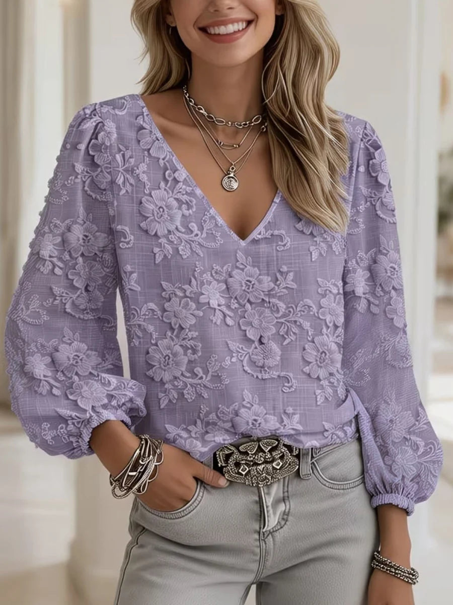 Solid Color Jacquard Long Sleeve V-Neck Blouse with Elastic