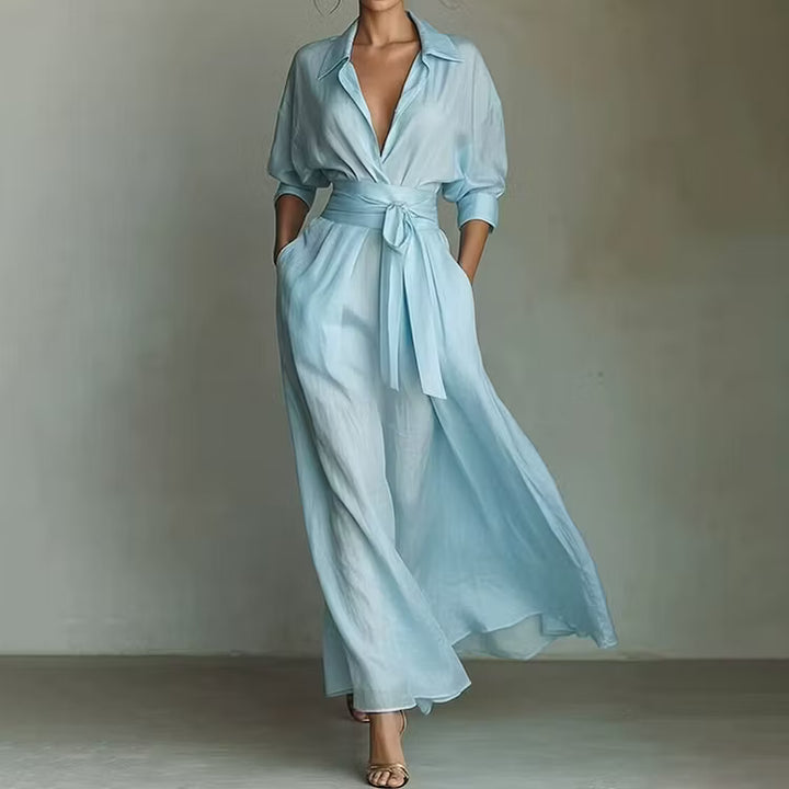 Vestido Elegante Manga 3/4 Con Solapa Color Sólido Y Paneles Hasta El Tobillo Estilo Retro Francés