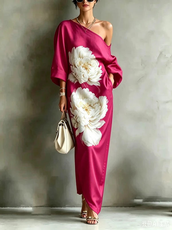 Vestido Maxi Floral Suelto De Un Hombro Con Manga Asimétrica Tres Cuartos Y Bolsillos