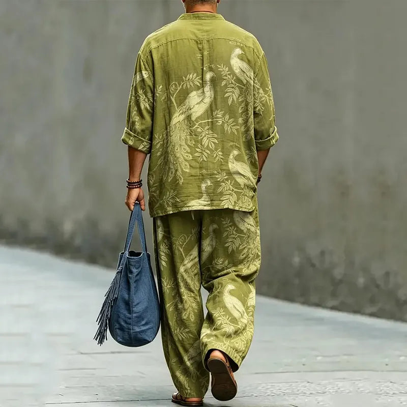 Conjunto De Duas Peças Camisa E Calças Com Padrão Floral E Pássaros Japonês Vintage