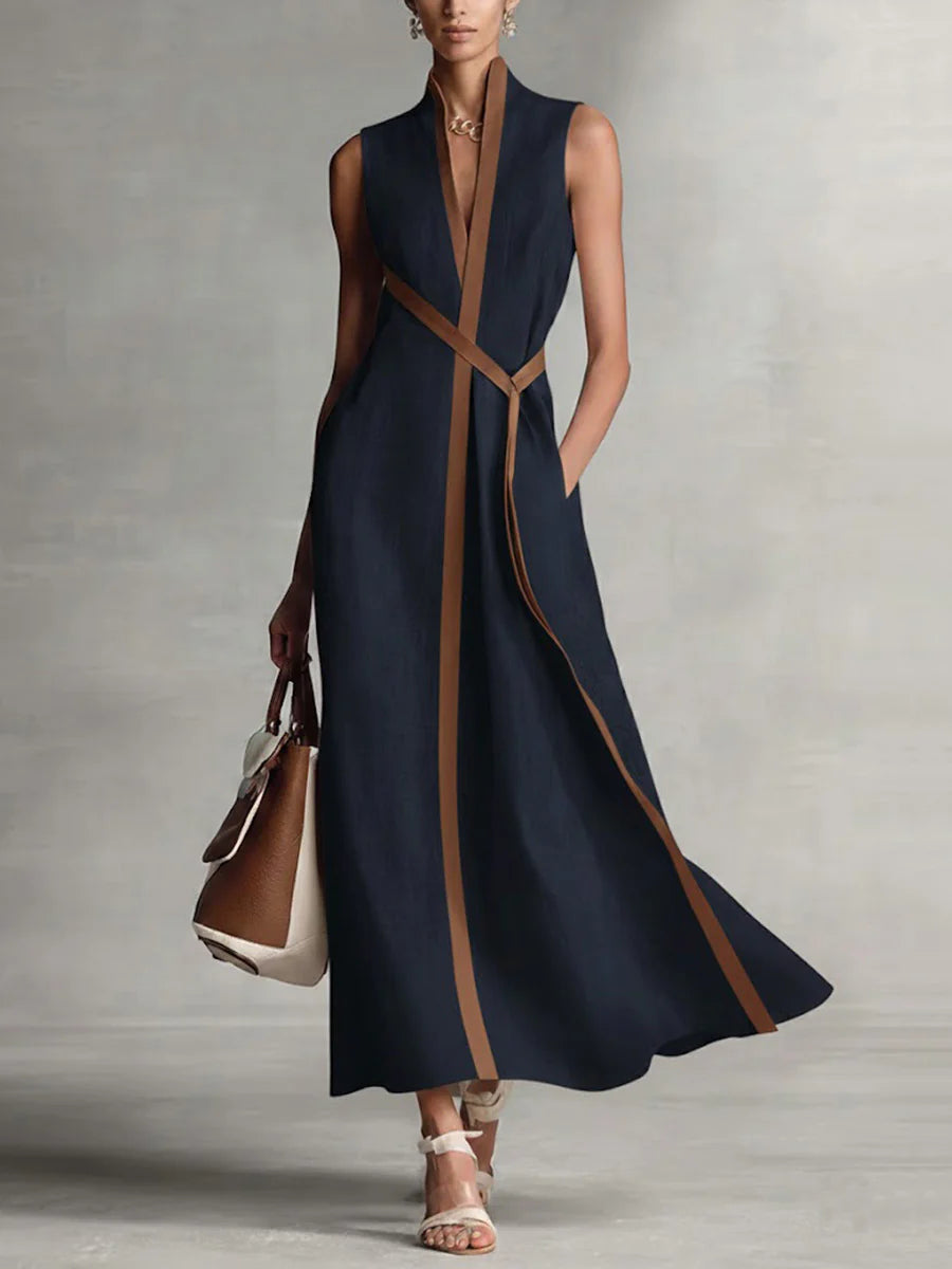 Vestido maxi suelto sin mangas cuello redondo bolsillos color contrastante
