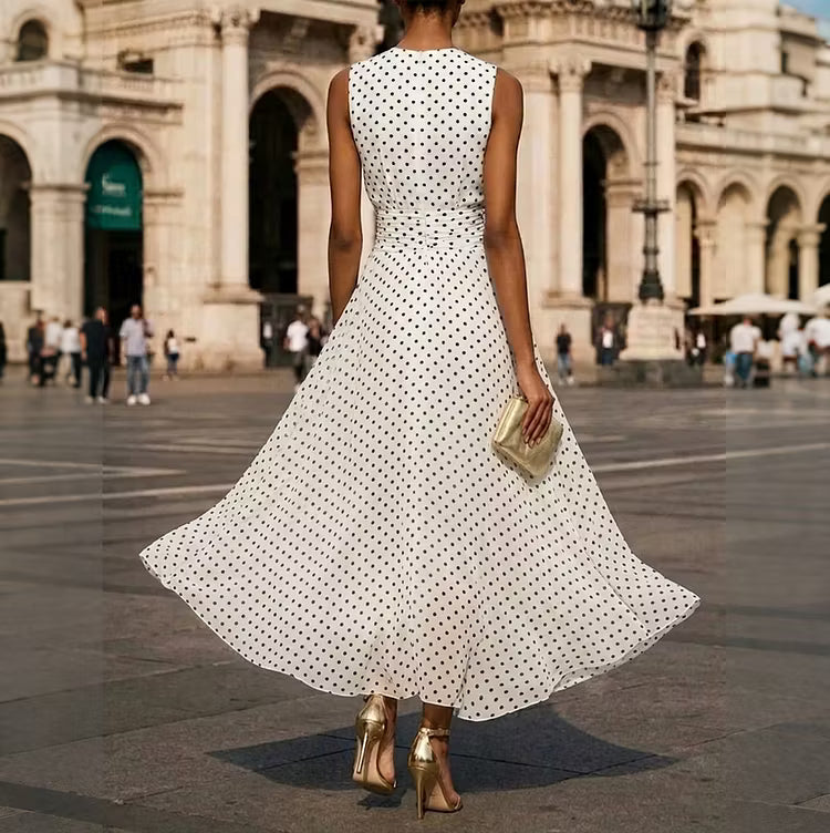 Vestido Elegante Sin Mangas Con Lunares De Estilo Francés Hasta El Tobillo