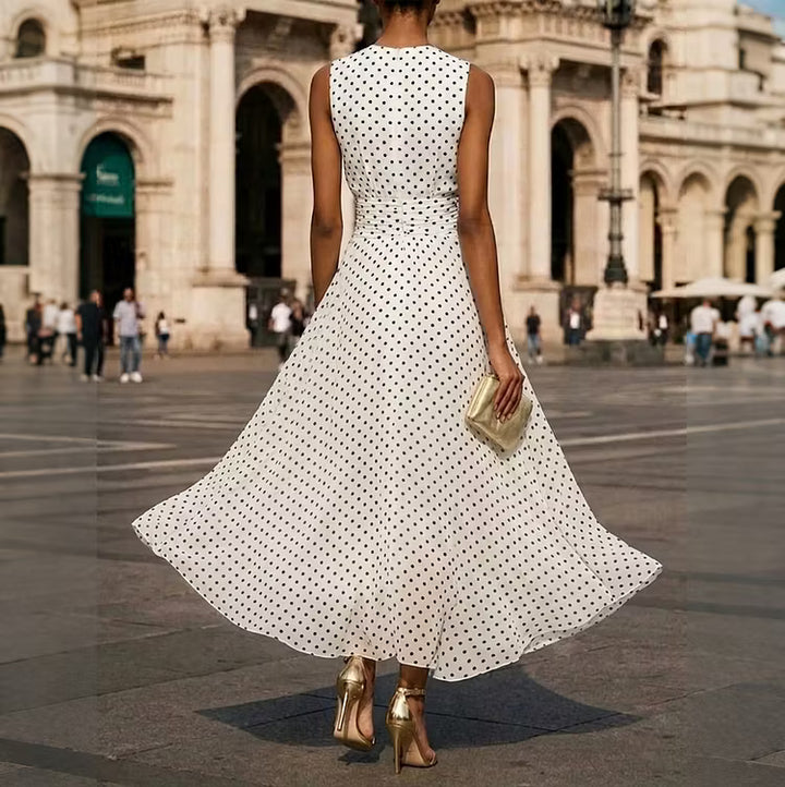 Vestido Elegante Sin Mangas Con Lunares De Estilo Francés Hasta El Tobillo