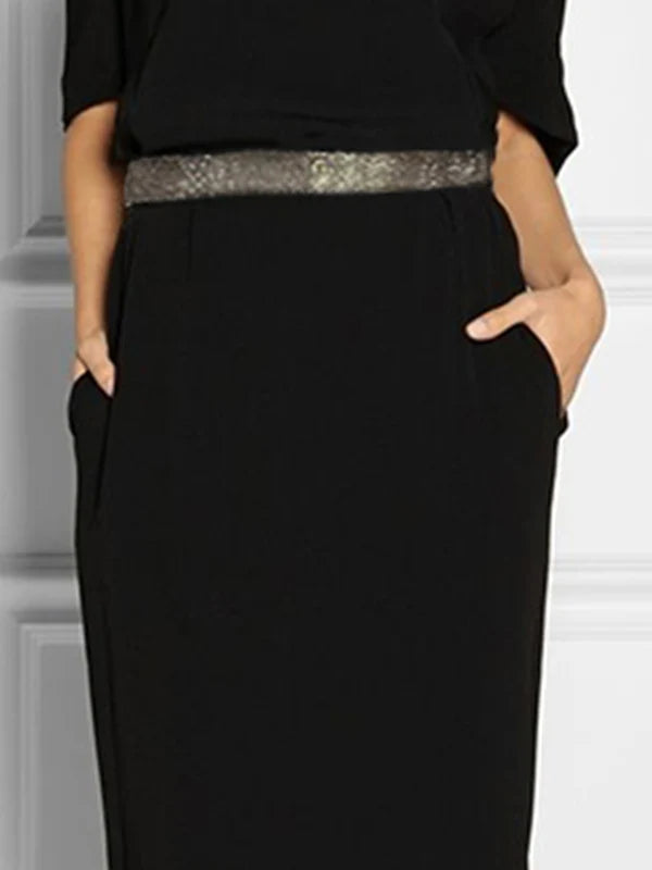 VESTIDO MAXI SOLTO MEIA MANGA COM PEDRARIA RHINESTONE E BAINHA DIVIDIDA