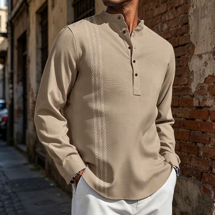 Camisa de Homem Manga Comprida Xadrez Color Block Retro Gola Henley