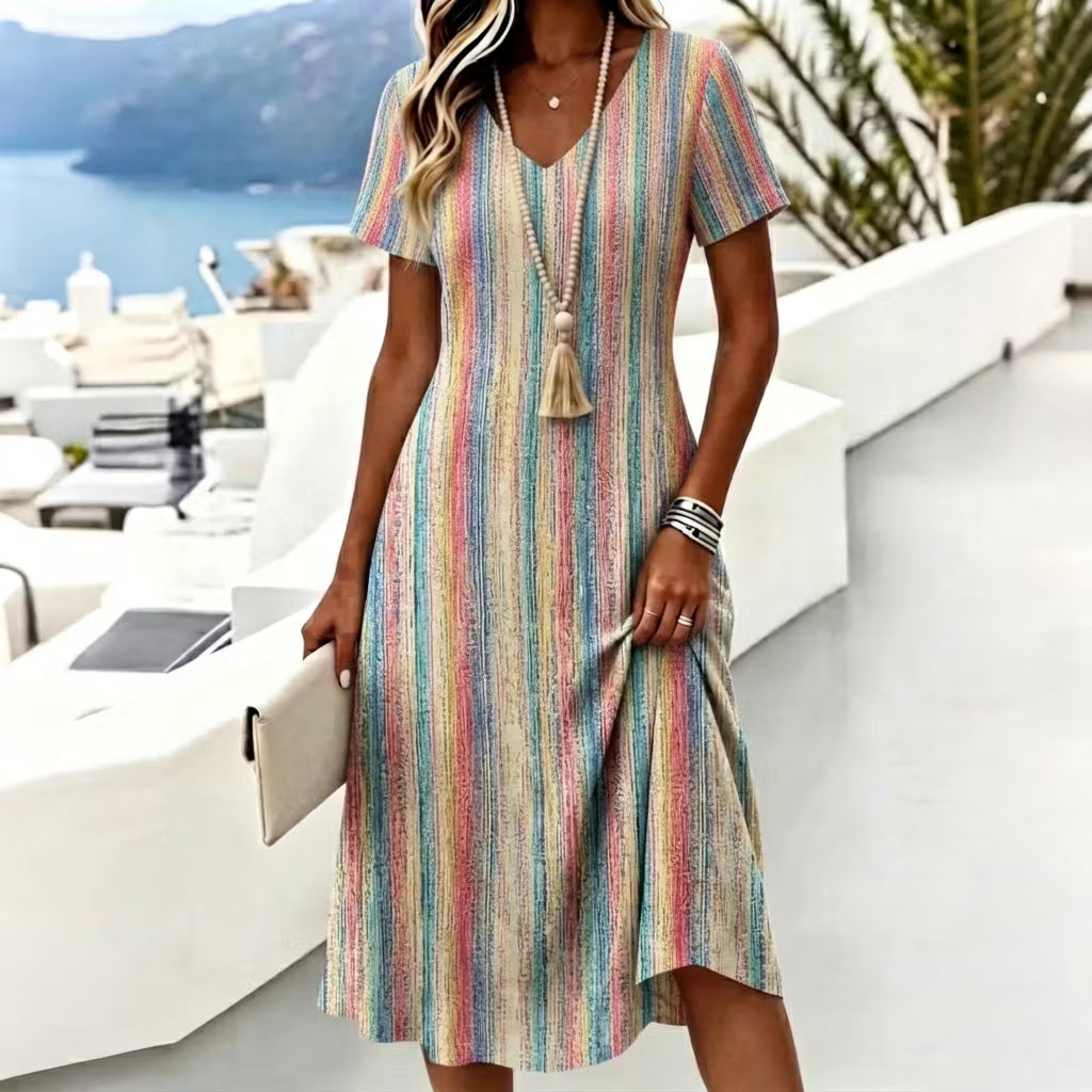 Vestido Midi Casual Con Escote En V - Estampado Geométrico De Rayas Artísticas