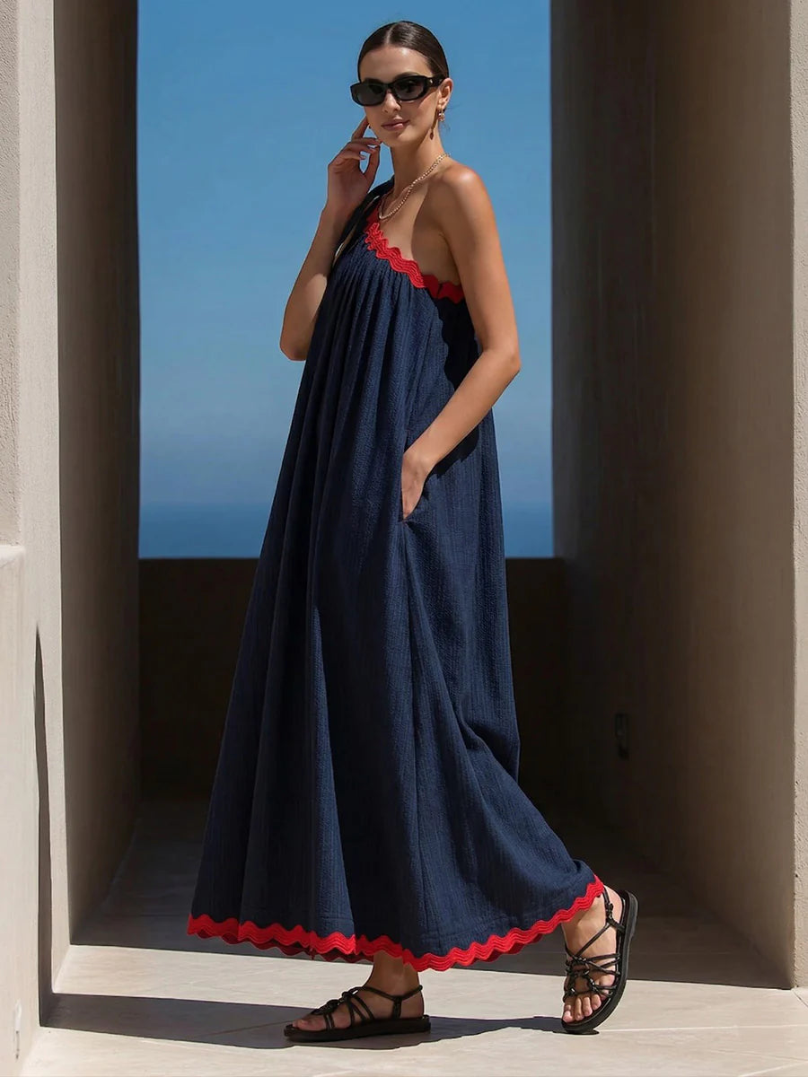 Vestido Maxi Holgado Corte En A Con Un Hombro, Plisado, Bolsillos, Lazo Y Empalme