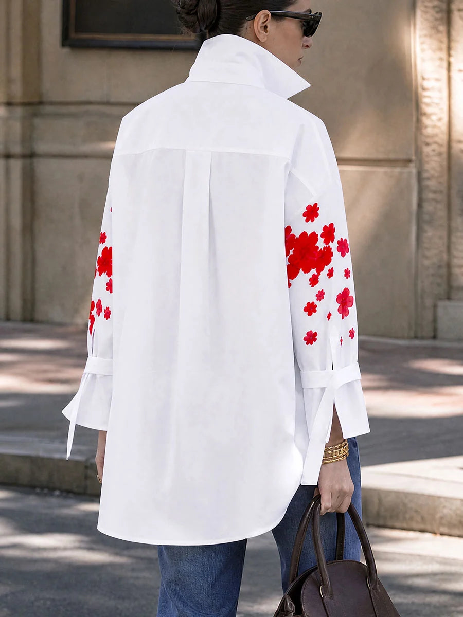 Blusa Camisa Estampado Floral Manga Larga Con Cuello En V Anudada Y Botones