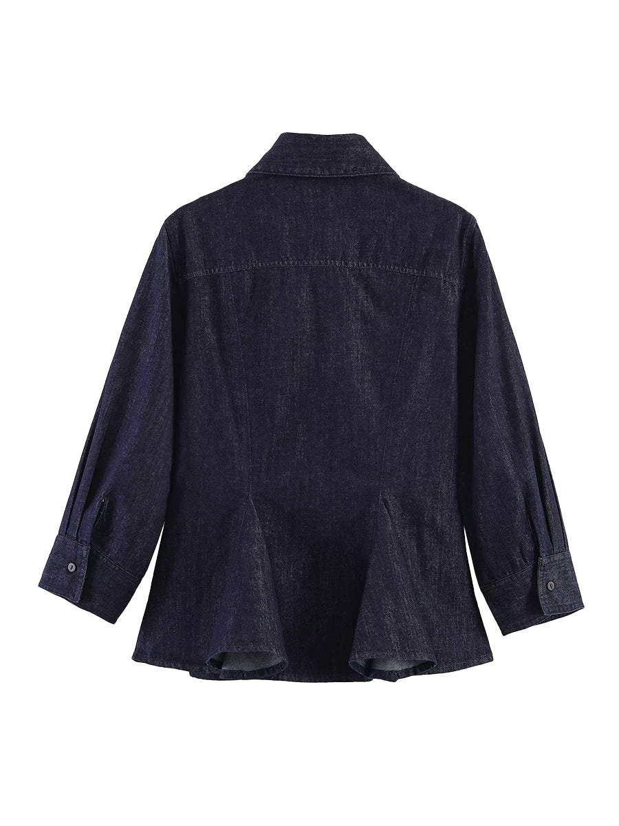 Blusa Camisa Color Sólido Plisada Con Botones Manga Larga Y Solapa