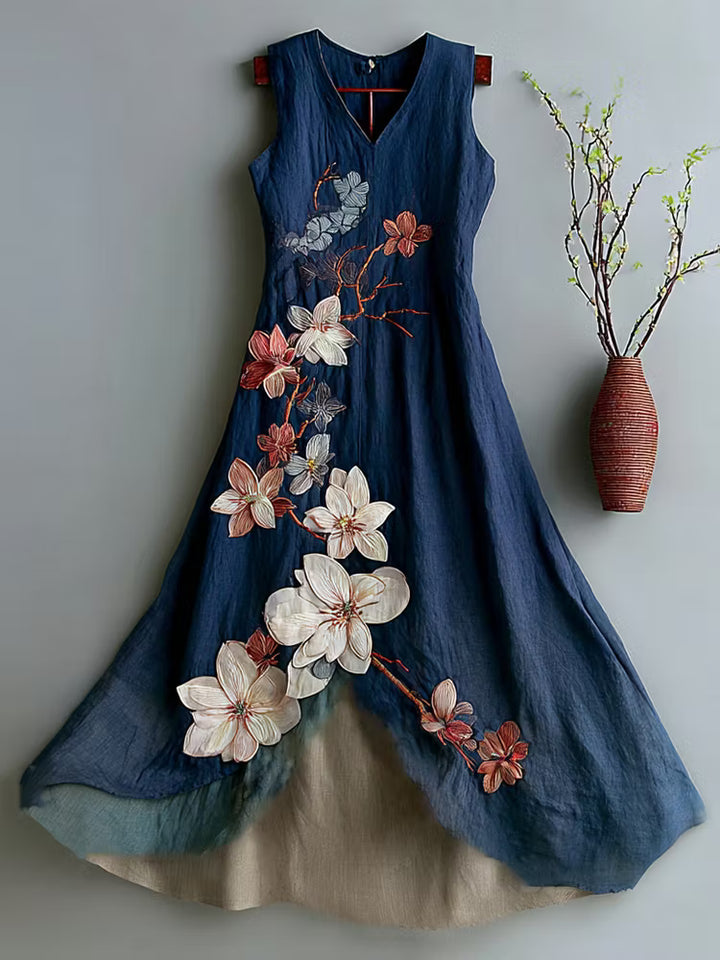 VESTIDO FEMENINO VINTAGE SIN MANGAS DE LINO CON BORDADO FLORAL CONTRASTANTE