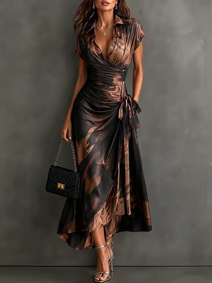 VESTIDO CRUZADO CON ESTAMPADO ABSTRACTO, CUELLO SOLAPA, MANGA LARGA Y LAZADA EN CINTURA