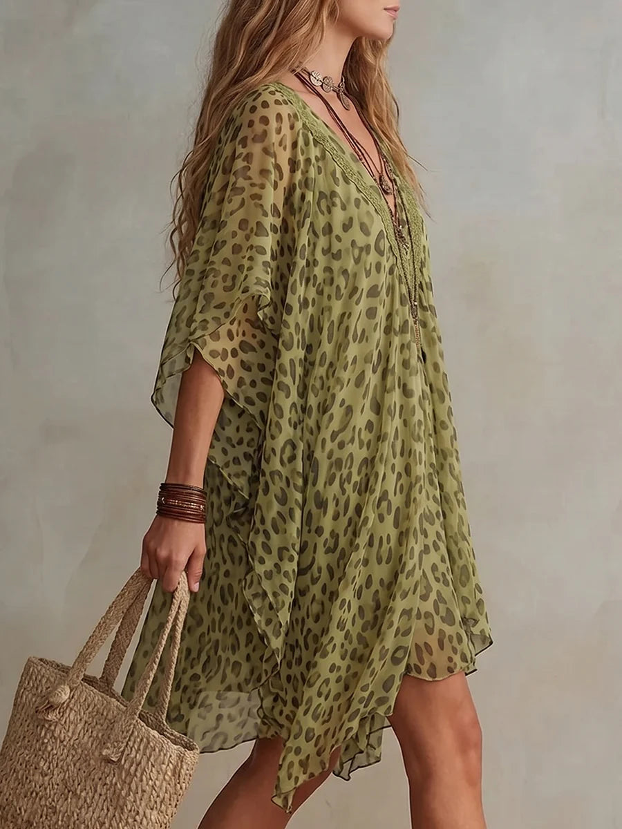 Vestido corto manga murciélago leopardo asimétrico volantes escote en v transparente