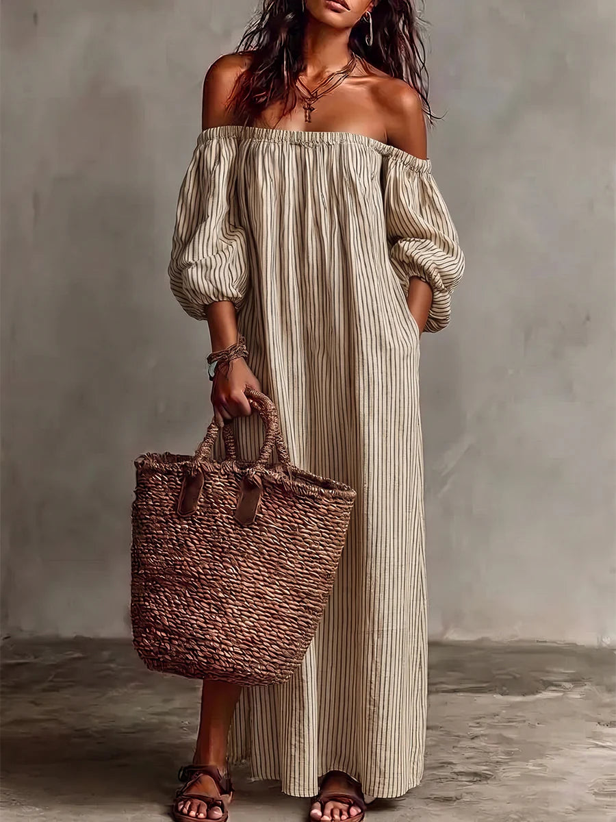 Vestido Midi Plus Size Hombros Descubiertos A Rayas