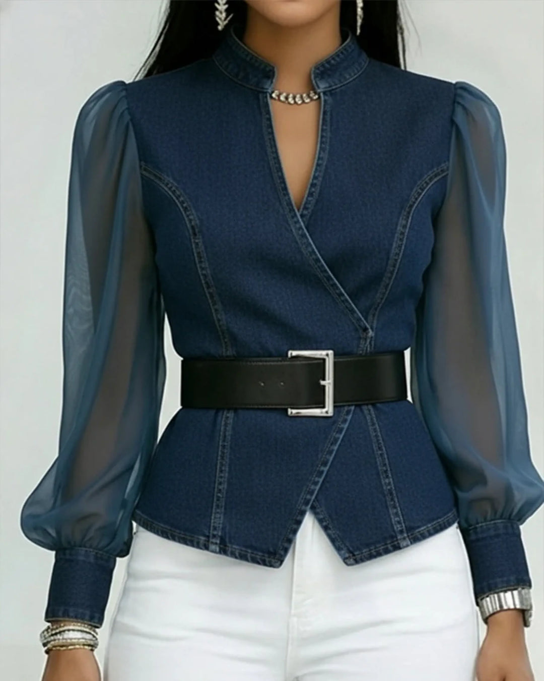 Zaya™ - Blusa Vaquera Con Mangas De Chiffon Fluido