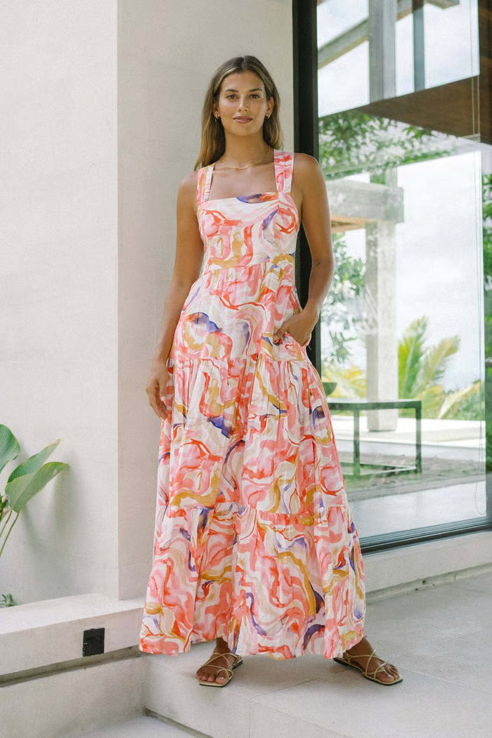 VESTIDO MAXI VERDE FLORAL CON VOLANTES ESCALONADOS