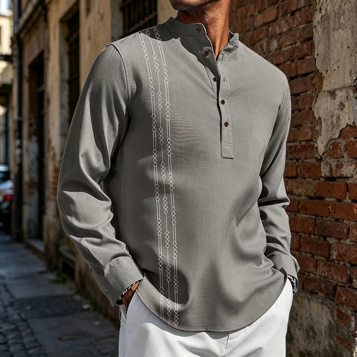 Camisa de Homem Manga Comprida Xadrez Color Block Retro Gola Henley