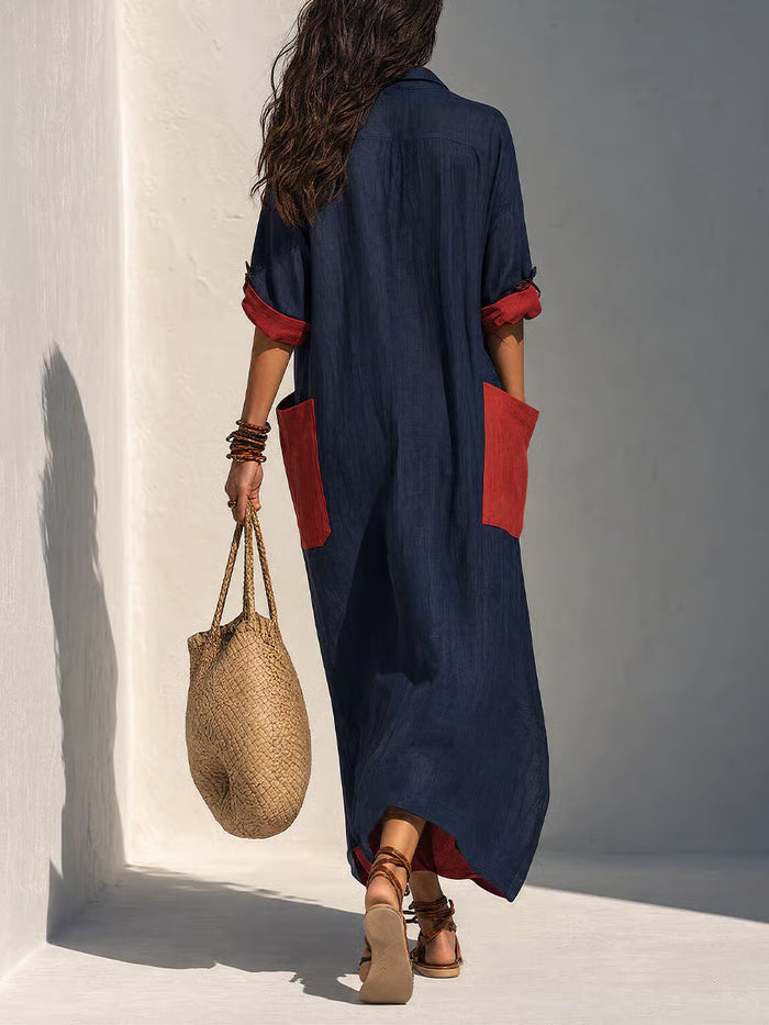 VESTIDO MIDI OVERSIZE CON BOLSILLOS PARCHE - ELEGANCIA SIN ESFUERZO