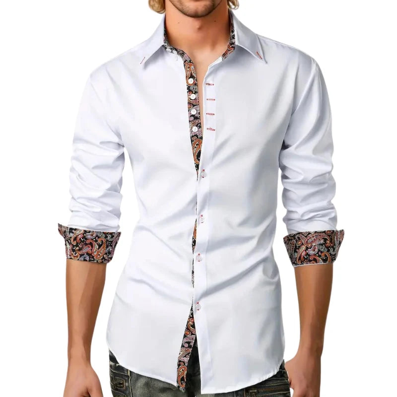 Camisa De Hombre Ajustada Con Botones Y Detalle De Estampado En El Borde