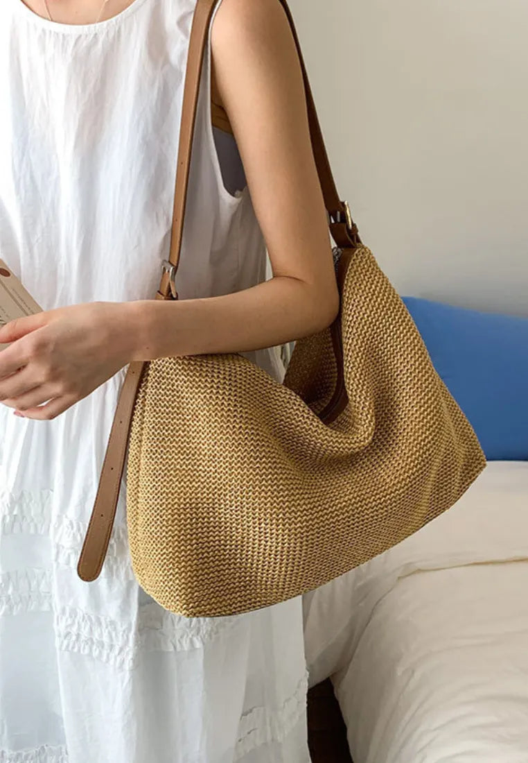 Bolso hobo de paja tejida estilo vacaciones k26051910