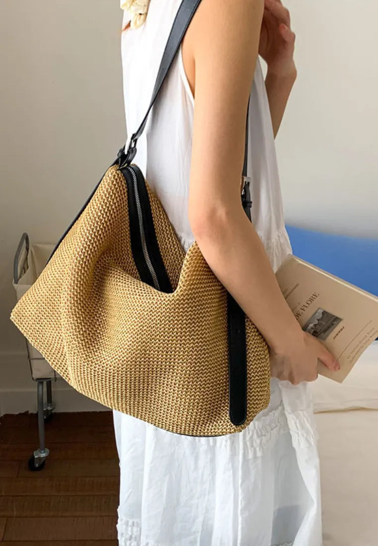 Bolso hobo de paja tejida estilo vacaciones k26051910