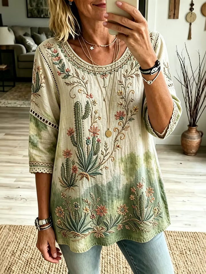 Blusa Manga 3/4 Con Lámina De Arte Floral Y Cactus Bordado Estilo Vintage En Algodón