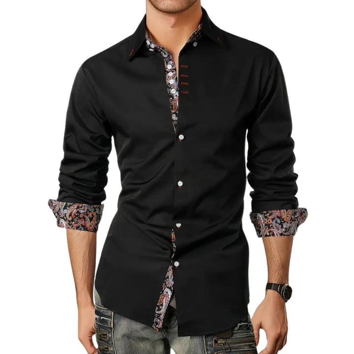 Camisa De Hombre Ajustada Con Botones Y Detalle De Estampado En El Borde