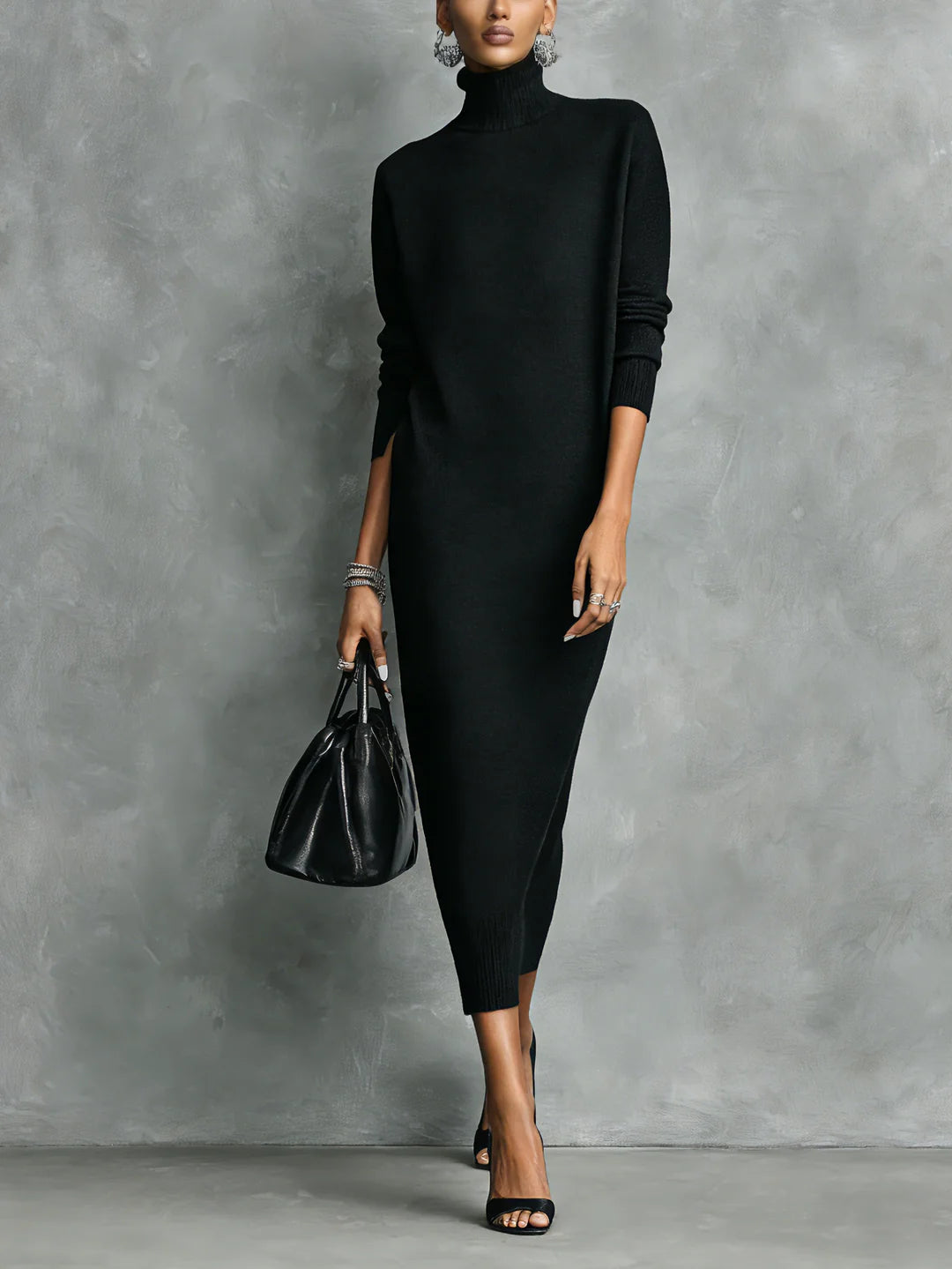 Nora | Vestido Midi De Punto Negro Con Cuello Alto Y Mangas Largas
