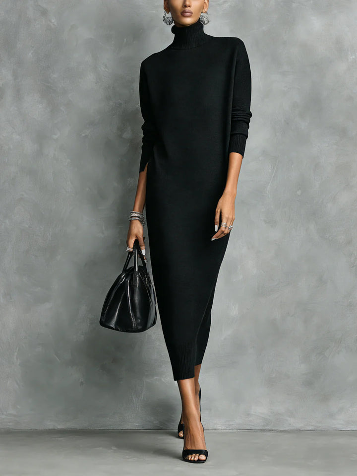 Nora | Vestido Midi De Punto Negro Con Cuello Alto Y Mangas Largas