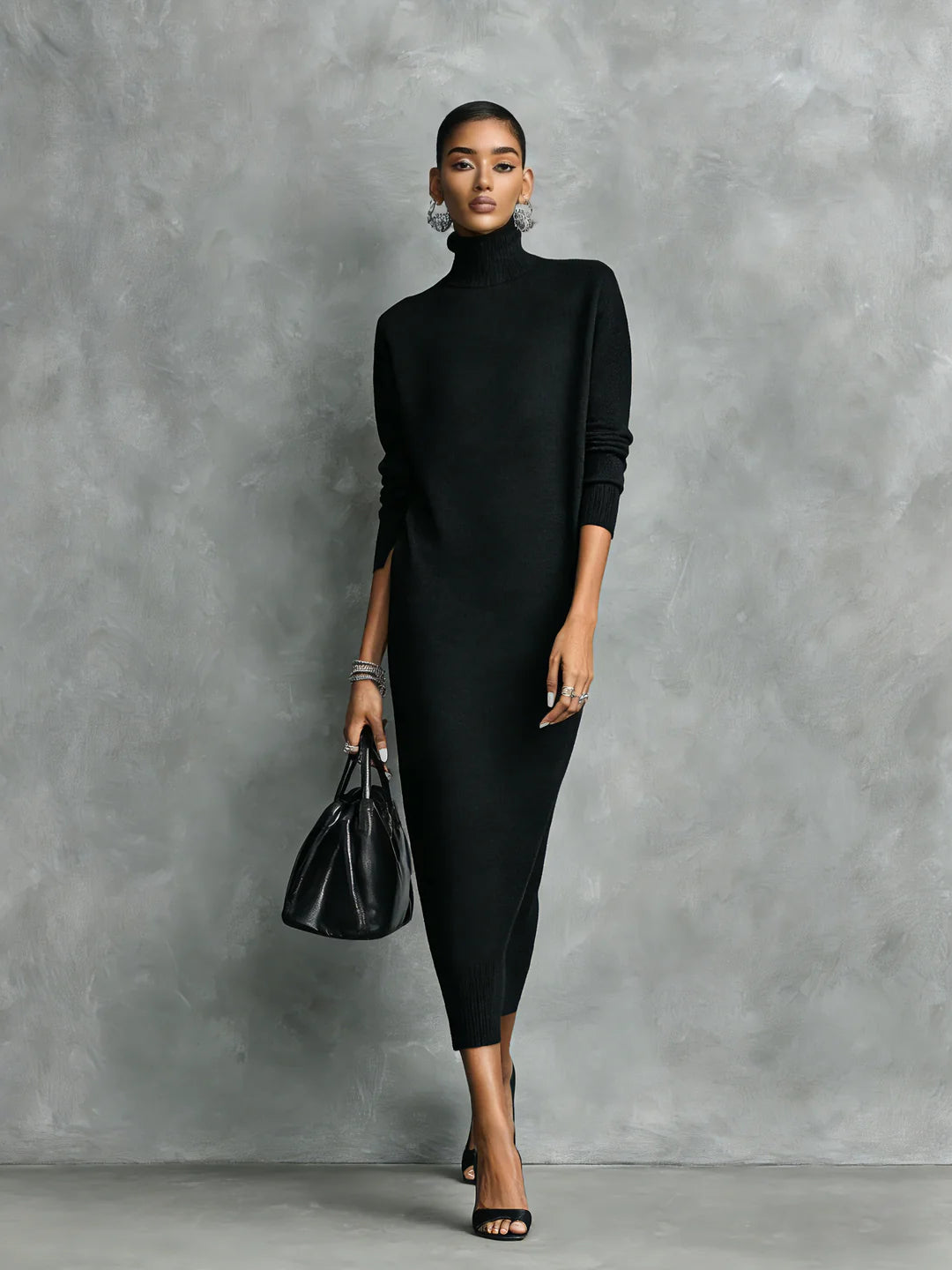 Nora | Vestido Midi De Punto Negro Con Cuello Alto Y Mangas Largas