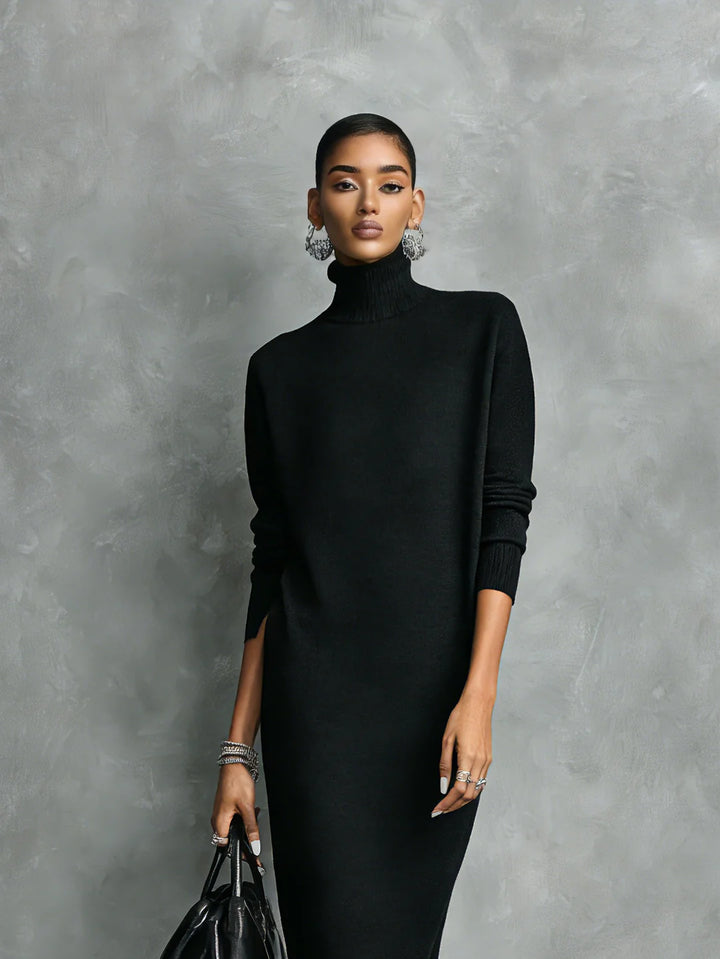 Nora | Vestido Midi De Punto Negro Con Cuello Alto Y Mangas Largas