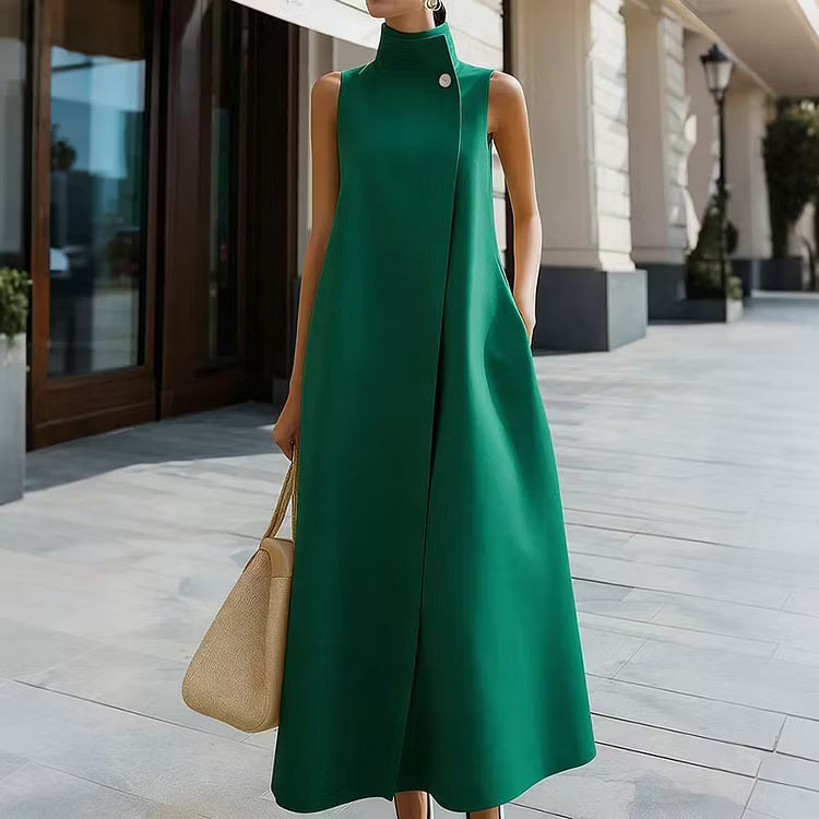 Vestido Midi Elegante Sin Mangas Con Cuello Mao Y Color Sólido