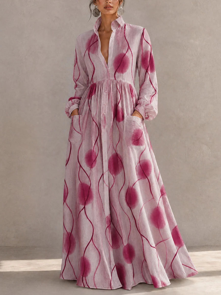 Vestido Maxi Largo Con Bolsillos, Botones En Color Contrastante Y Mangas Abullonadas