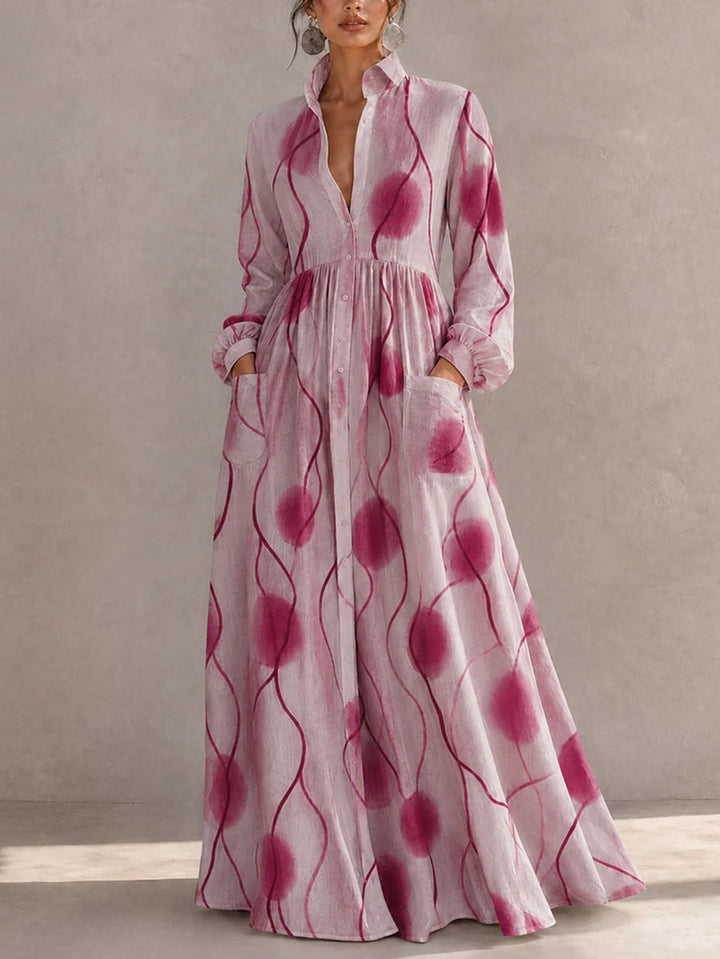 Vestido Maxi Largo Con Bolsillos, Botones En Color Contrastante Y Mangas Abullonadas
