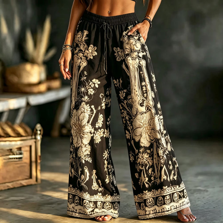 Calças Palazzo Boho Gótico - Perna Larga Estampada com Esqueletos Florais