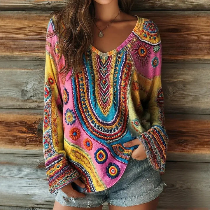 Top De Manga Larga Con Cuello En V Y Estampado Floral Para Mujer