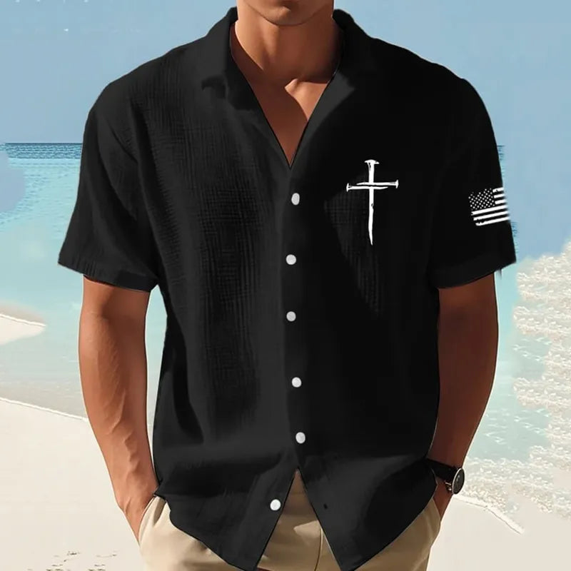 Camisa de Linho de Manga Curta com Estampado de Cruz