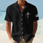 Camisa de lino de manga corta con estampado de cruz fe