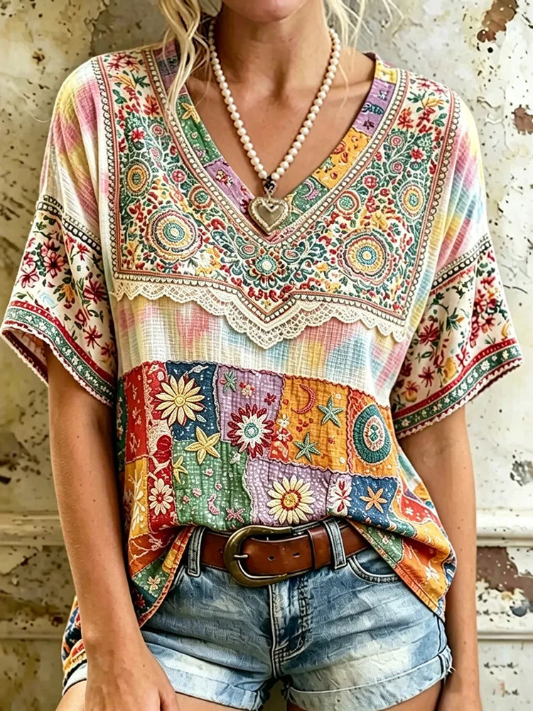 Camisa De Lino Vintage Hippie Con Bordado Floral Y Estrellas