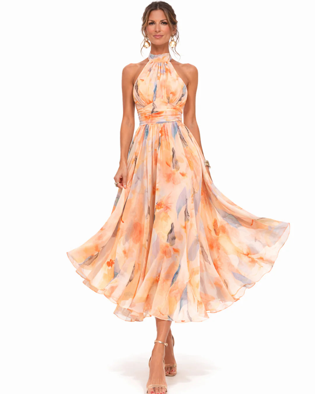 Aurora | Vestido Com Gola Halter E Padrão Aguarela