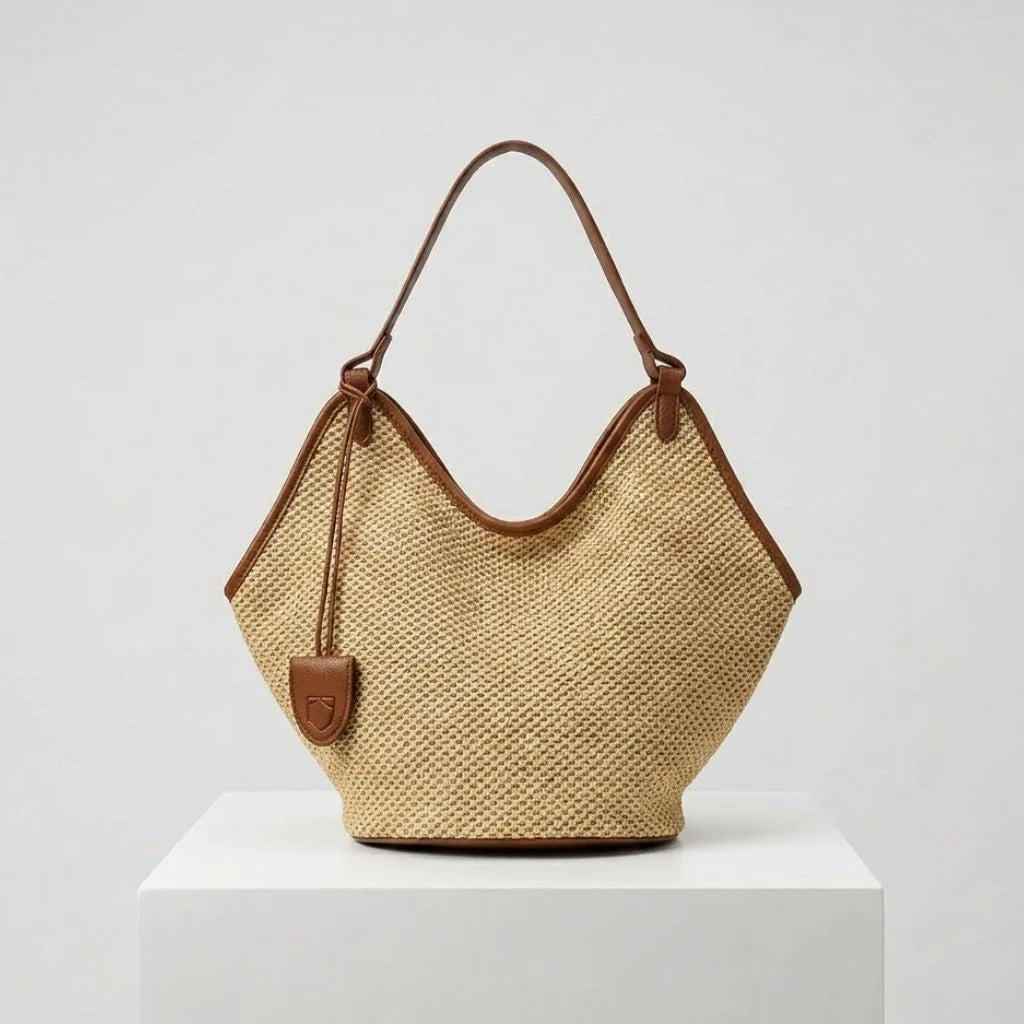 Open Weave Tote Bag with Long Handles and Natural Style