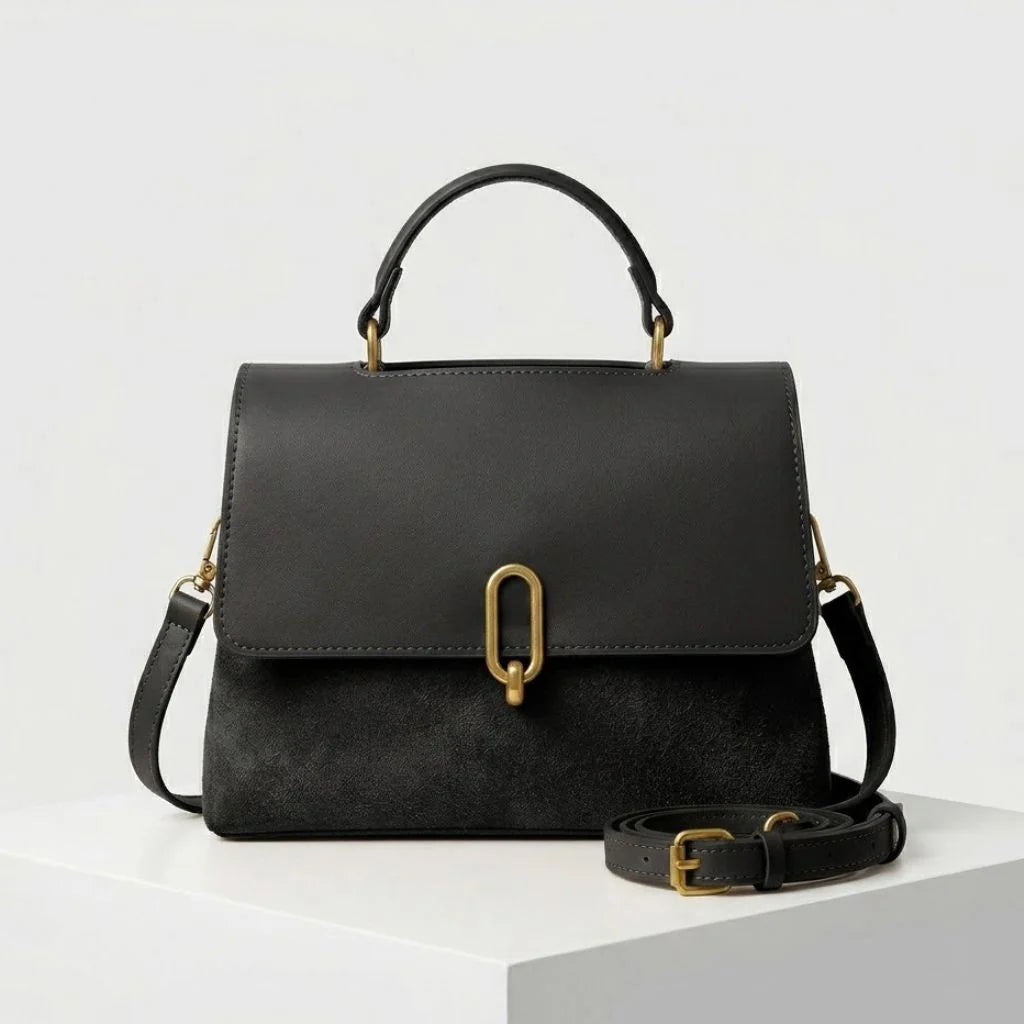 Structured Shoulder Bag With Wide Flap And Front Metal Closure