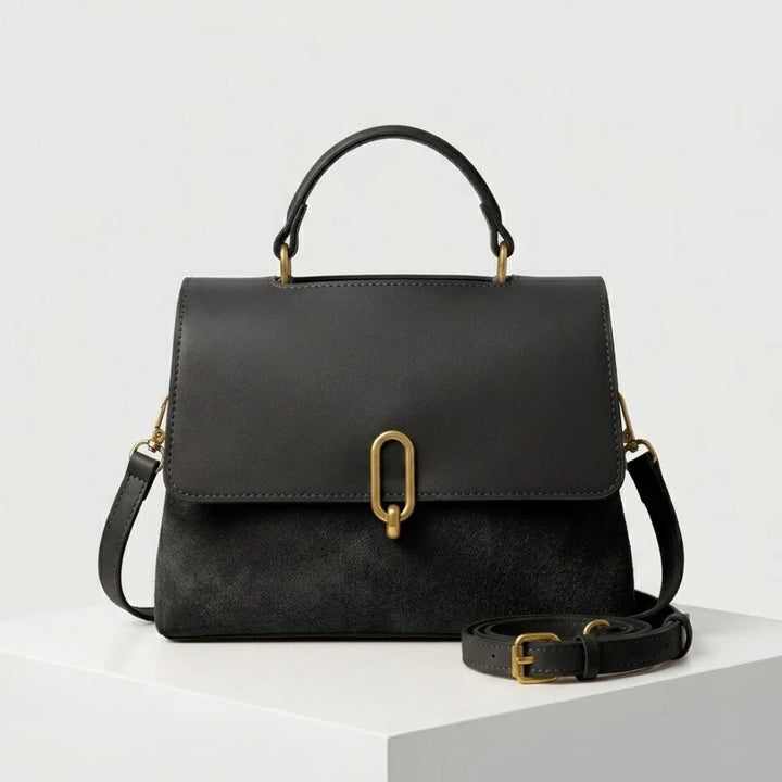 Structured Shoulder Bag With Wide Flap And Front Metal Closure