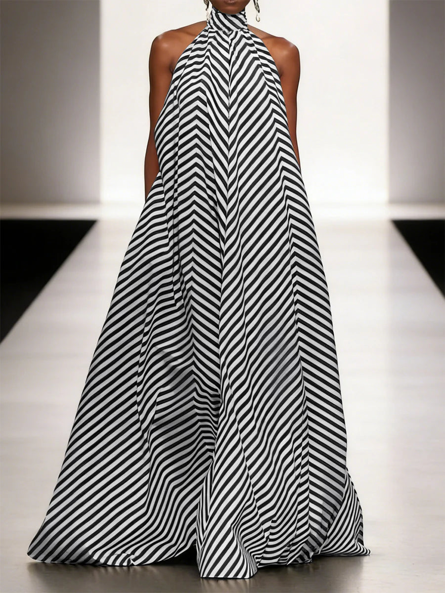 Vestido Maxi Holgado Corte En A Con Cuello Halter, Espalda Descubierta, Bolsillos Y Color En Contraste