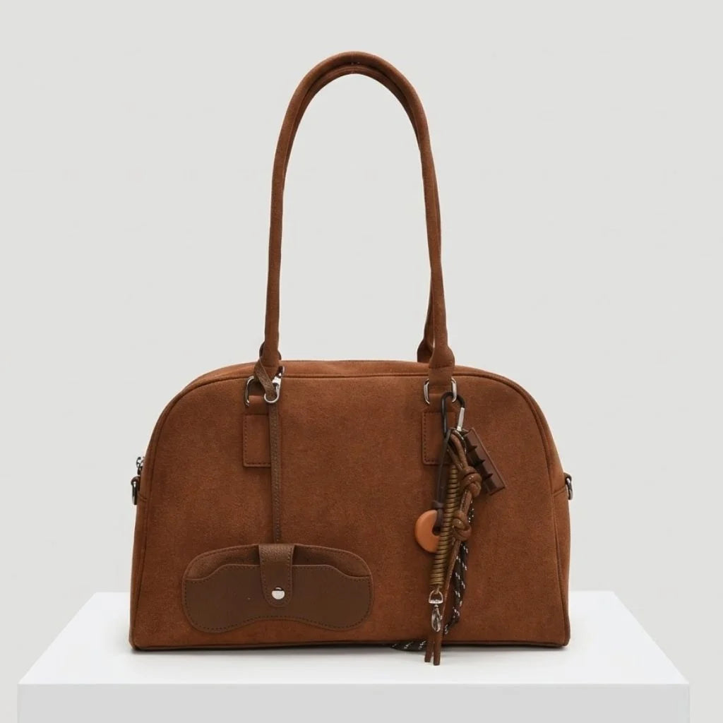 Structured Bowling Bag with Double Handles and Decorative Charms