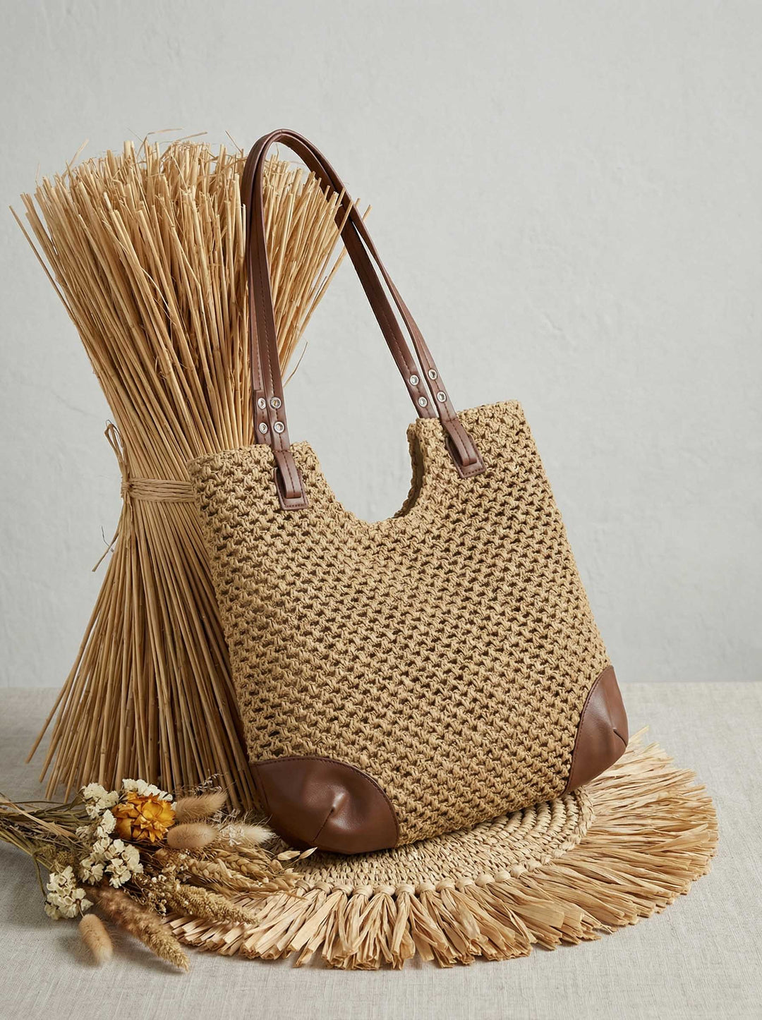 Bolso Tote De Hombro Tejido Con Calado