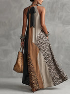 Vestido maxi halter leopardo asimétrico sin mangas