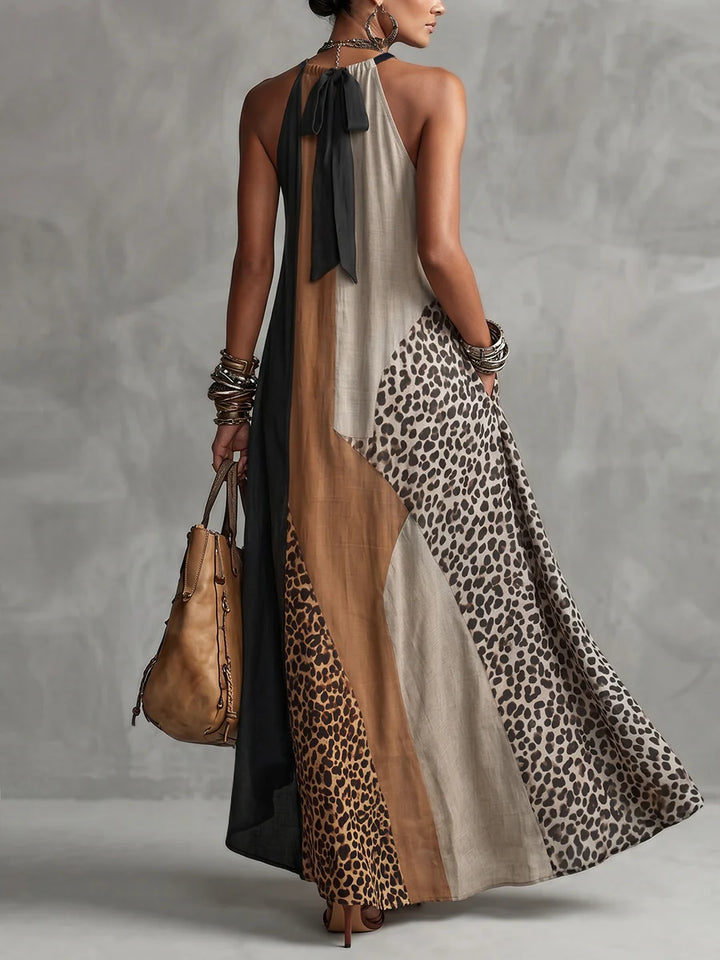 Vestido Maxi Halter Leopardo Assimétrico Sem Mangas