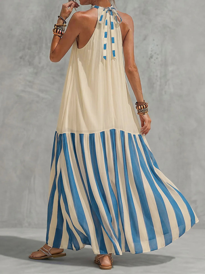 Vestido Maxi Holgado Línea A Con Contraste De Color, Plisado Y Rayas - Cuello Halter