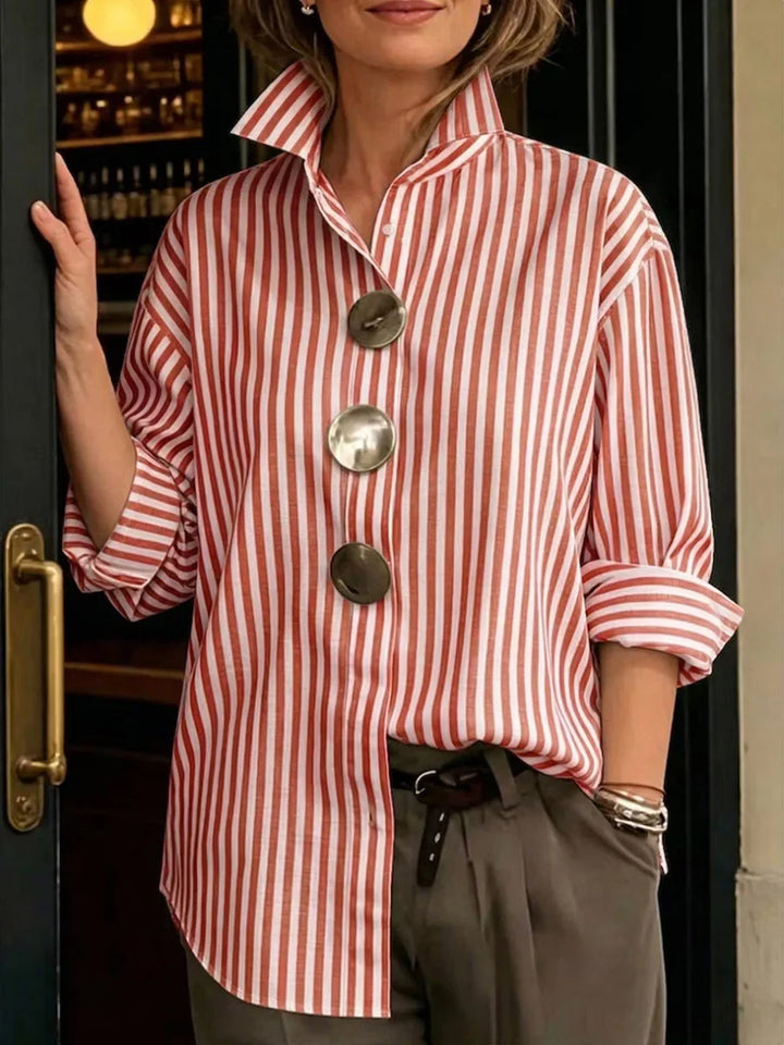 Blusa Camisa Manga Comprida Solta Gola Alta Com Botões Contrastantes